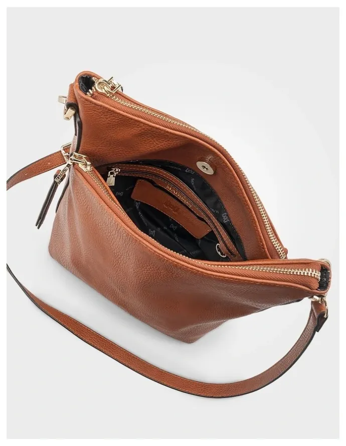 Madison Accessories Maya Medium Double Angled Zip Sling Crossbody Bag in Brown