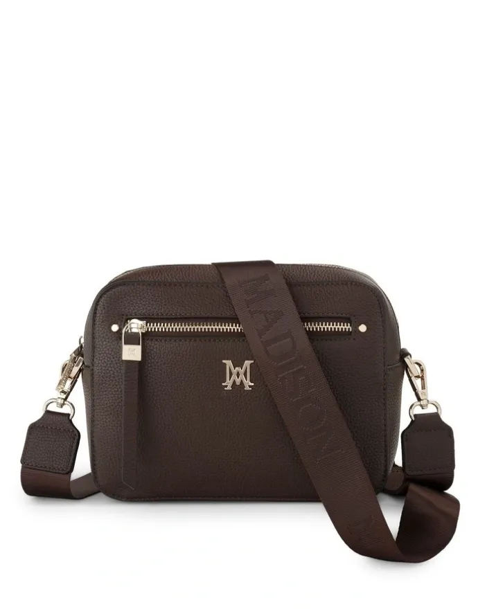 Madison Accessories Molly Camera Crossbody Bag Monogram Bag Strap in Chocolate