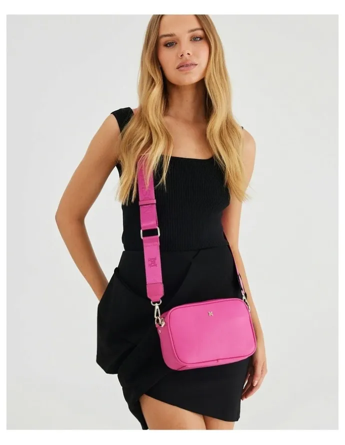 Madison Accessories Monica Camera Crossbody Bag With Monogram Strap in Hot Pink