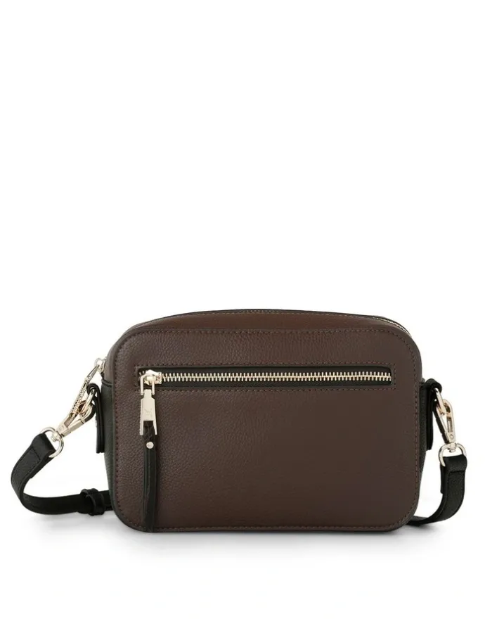 Madison Accessories Nina Zip Front Camera Crossbody Bag in Chocolate / Black