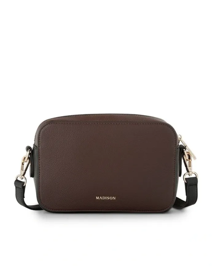 Madison Accessories Nina Zip Front Camera Crossbody Bag in Chocolate / Black