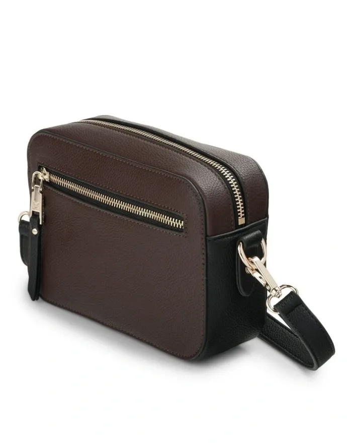 Madison Accessories Nina Zip Front Camera Crossbody Bag in Chocolate / Black