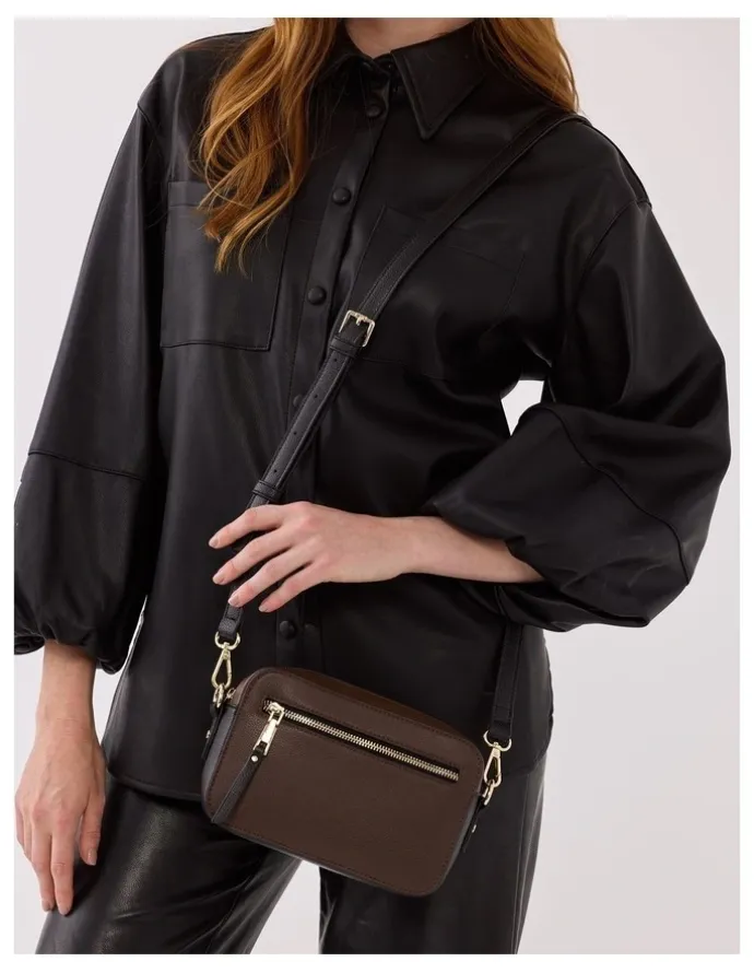 Madison Accessories Nina Zip Front Camera Crossbody Bag in Chocolate / Black