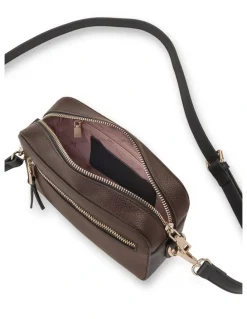 Madison Accessories Nina Zip Front Camera Crossbody Bag in Chocolate / Black