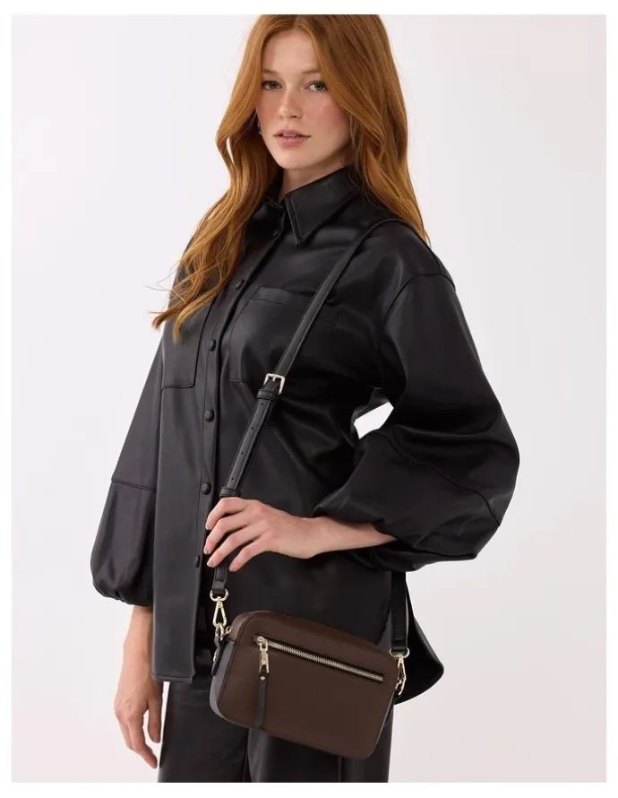 Madison Accessories Nina Zip Front Camera Crossbody Bag in Chocolate / Black