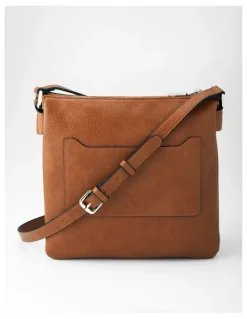 Madison Accessories Renee Zip Top 2 Compartment Crossbody Bag + Stripe Strap in Brown