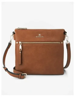 Madison Accessories Renee Zip Top 2 Compartment Crossbody Bag + Stripe Strap in Brown