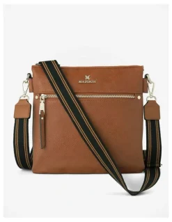 Madison Accessories Renee Zip Top 2 Compartment Crossbody Bag + Stripe Strap in Brown