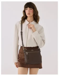Madison Accessories Renee Zip Top 2 Compartment Crossbody Bag in Brown