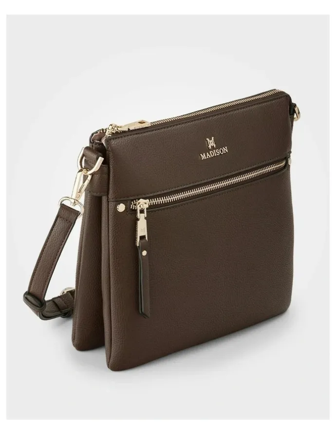 Madison Accessories Renee Zip Top 2 Compartment Crossbody Bag in Brown