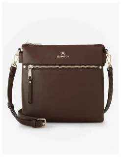 Madison Accessories Renee Zip Top 2 Compartment Crossbody Bag in Brown