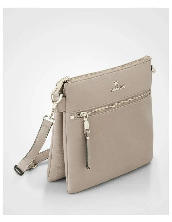 Madison Accessories Renee Zip Top 2 Compartment Crossbody Bag + Monogram Strap in Brown