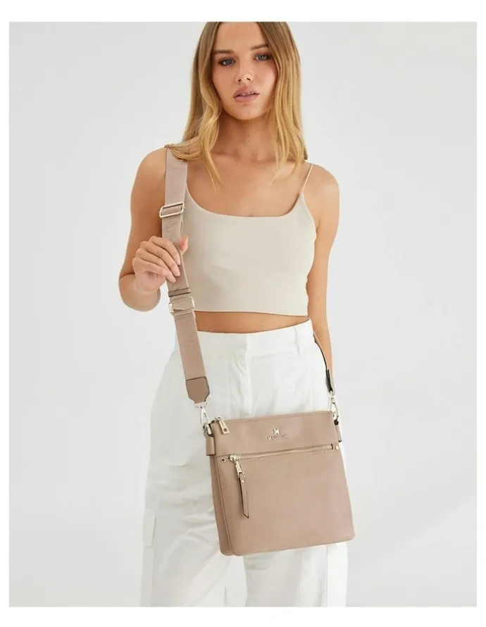 Madison Accessories Renee Zip Top 2 Compartment Crossbody Bag + Monogram Strap in Brown