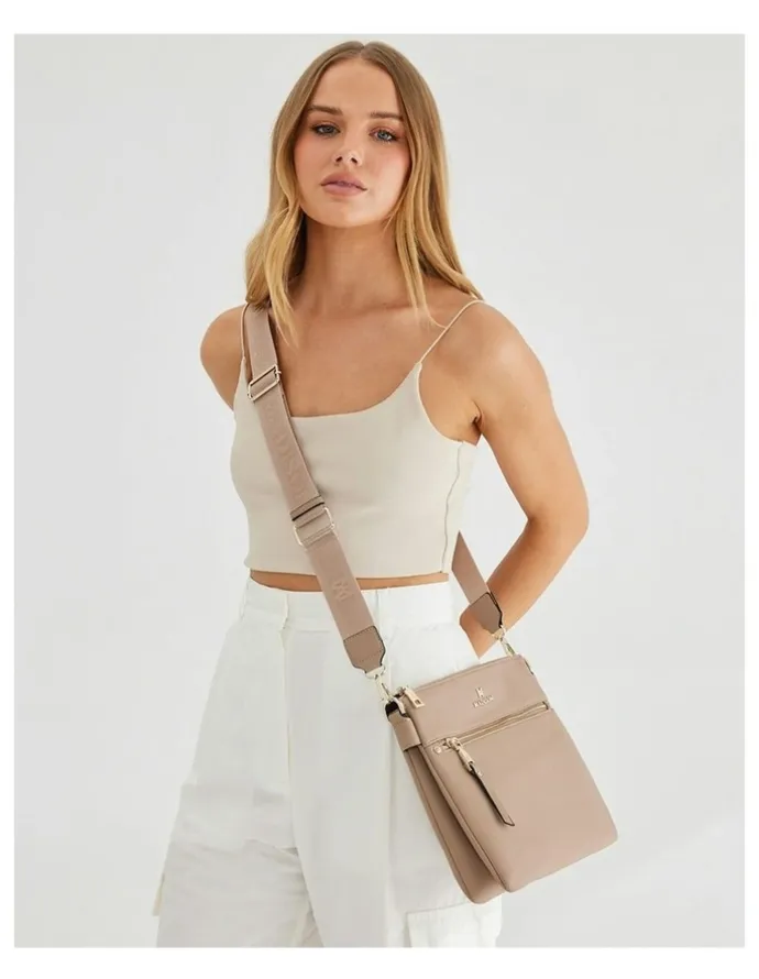 Madison Accessories Renee Zip Top 2 Compartment Crossbody Bag + Monogram Strap in Brown