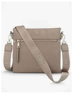 Madison Accessories Renee Zip Top 2 Compartment Crossbody Bag + Monogram Strap in Brown