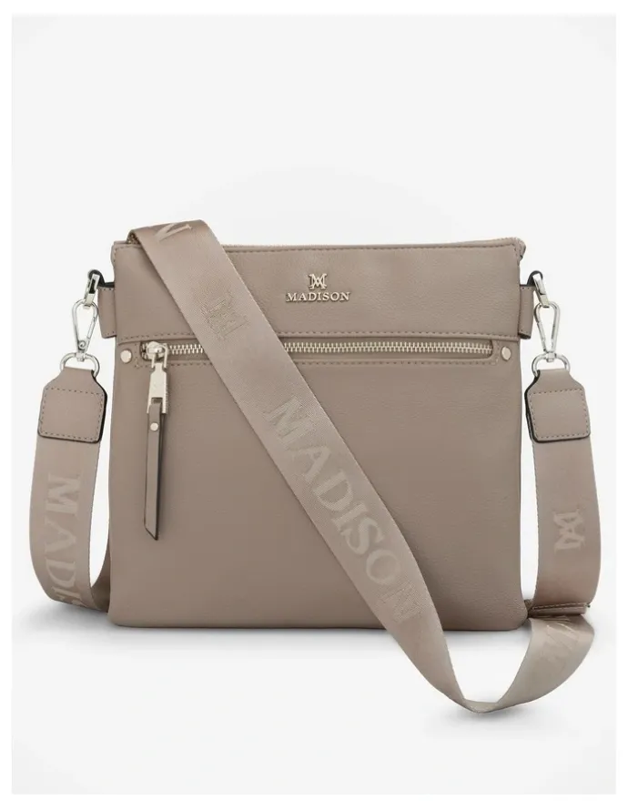 Madison Accessories Renee Zip Top 2 Compartment Crossbody Bag + Monogram Strap in Brown