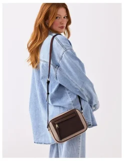Madison Accessories Roxanne Small Camera Crossbody Bag with Front Zip Pocket in Chocolate Mix