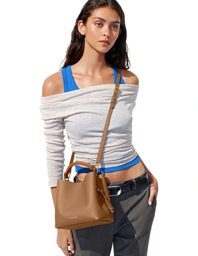 MAISON de SABRÉ The Mini Leather Bucket Bag in Manhattan Sandstone