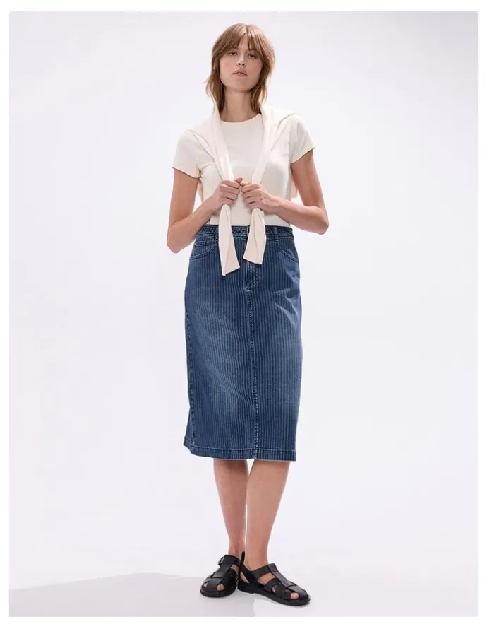 Marcs Molly Pinstripe Denim Skirt in Blue Stripe