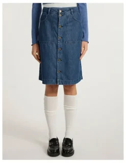 Marcs Paolo Button Front Denim Skirt in Mid Wash