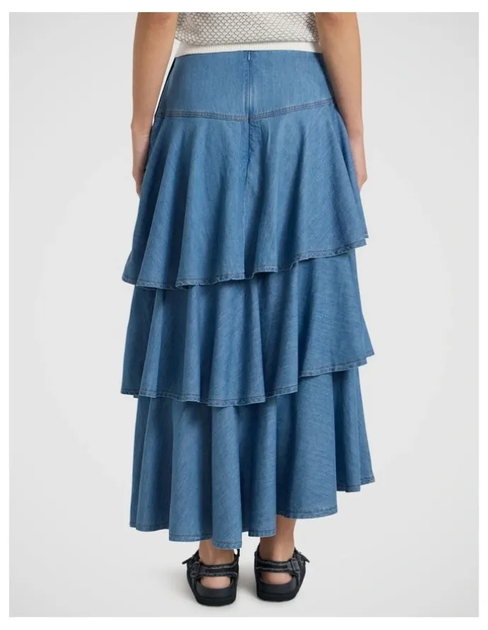 Marcs Velma Denim Tiered Midi Skirt in Lagoon Blue
