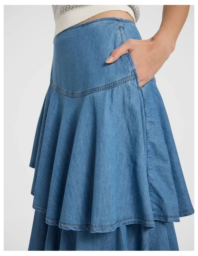 Marcs Velma Denim Tiered Midi Skirt in Lagoon Blue