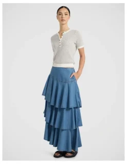 Marcs Velma Denim Tiered Midi Skirt in Lagoon Blue