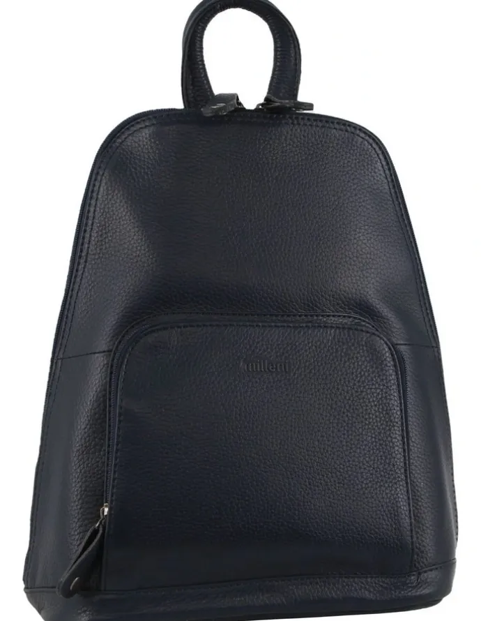 Milleni Ladies Genuine Leather Twin Zip Backpack in Navy