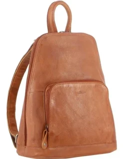 Milleni Ladies Genuine Leather Twin Zip Backpack in Cognac