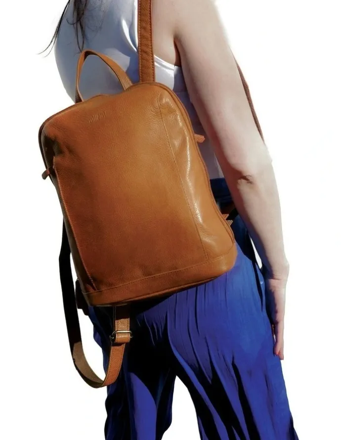 Milleni Nappa Leather Twin Zip Backpack in Cognac