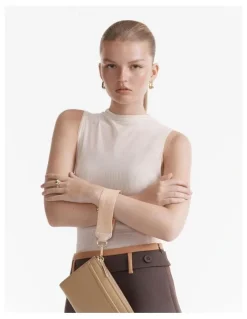 Mimco Stripe Webbing Wrist Strap in Biscuit