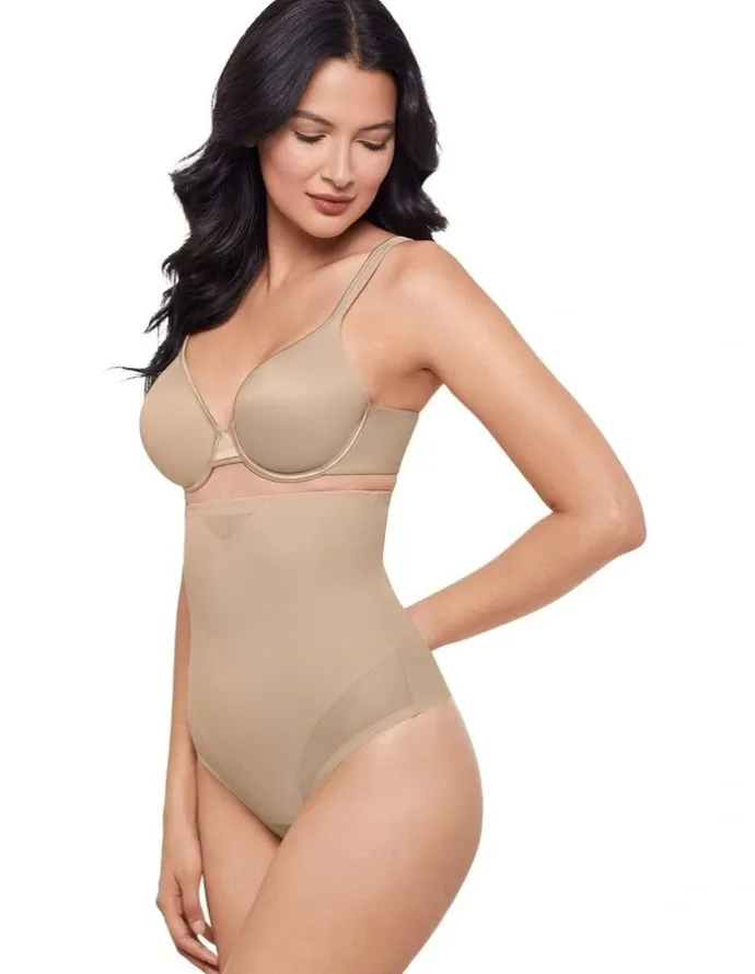 Miraclesuit Shapewear Sexy Sheer Shaping High Waist Thong in Warm Beige