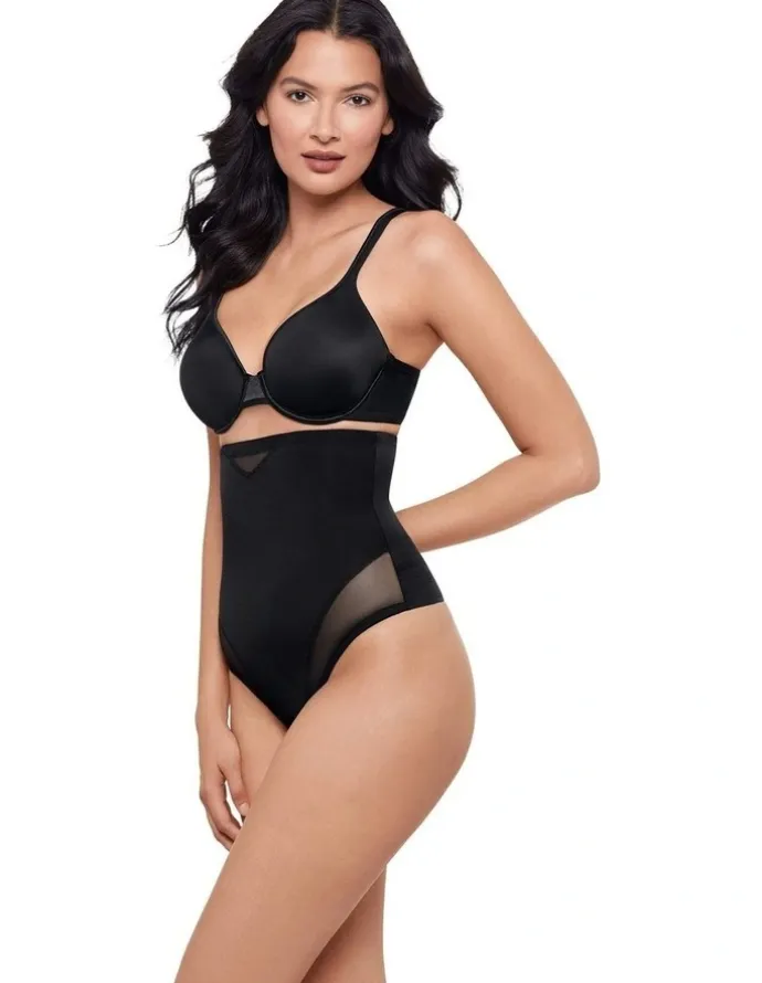 Miraclesuit Shapewear Sexy Sheer Shaping High Waist Thong in Black