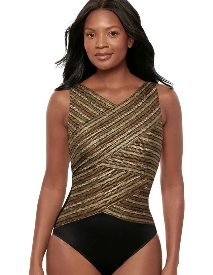 Miraclesuit Swim Sparkle Sands Brio High Neck Underwired One-Piece Shaping Swimsuit in Black Multi