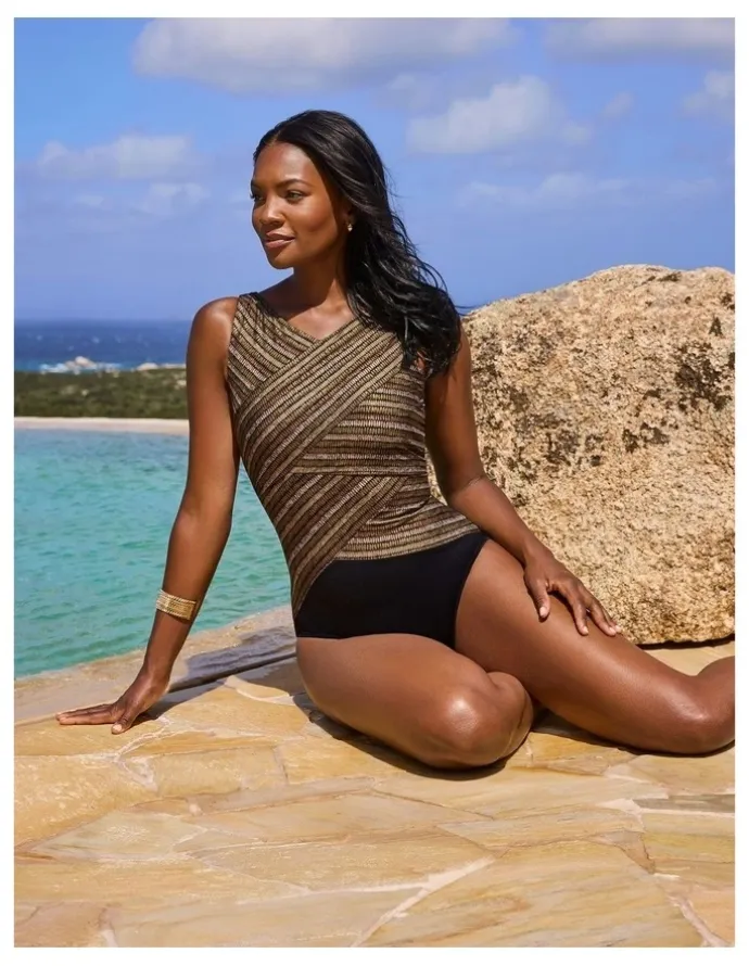 Miraclesuit Swim Sparkle Sands Brio High Neck Underwired One-Piece Shaping Swimsuit in Black Multi