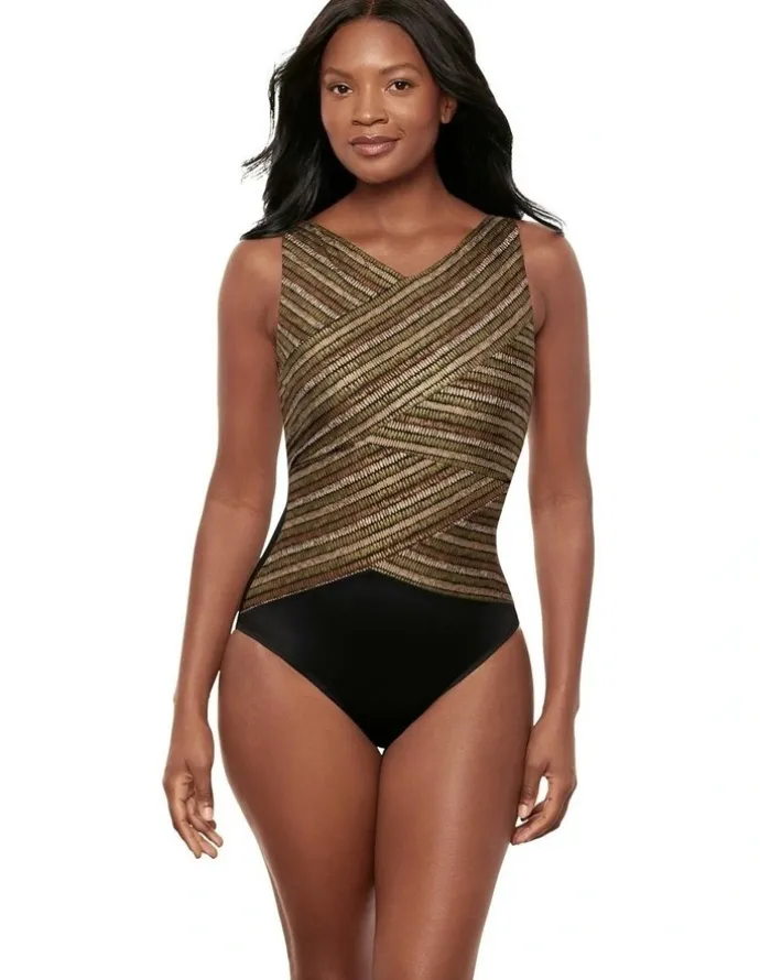 Miraclesuit Swim Sparkle Sands Brio High Neck Underwired One-Piece Shaping Swimsuit in Black Multi