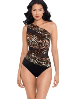 miraclesuit Swim Tribal Tigress Jena One Shoulder Tummy Control Swimsuit in Black Multi