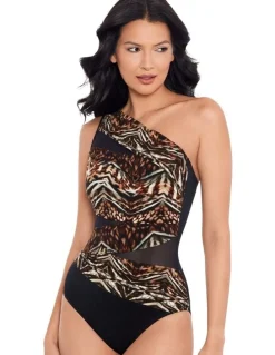 miraclesuit Swim Tribal Tigress Jena One Shoulder Tummy Control Swimsuit in Black Multi