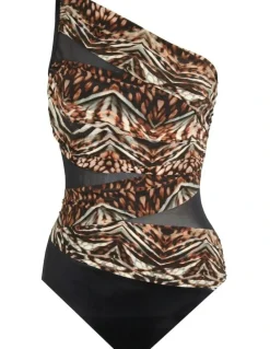 miraclesuit Swim Tribal Tigress Jena One Shoulder Tummy Control Swimsuit in Black Multi