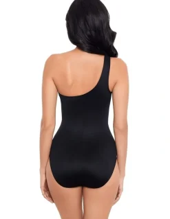 miraclesuit Swim Tribal Tigress Jena One Shoulder Tummy Control Swimsuit in Black Multi