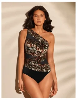 miraclesuit Swim Tribal Tigress Jena One Shoulder Tummy Control Swimsuit in Black Multi