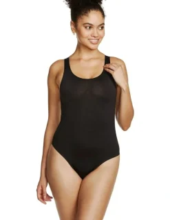 Naomi & Nicole Real Smooth Shaping Control Thong Bodysuit in Black