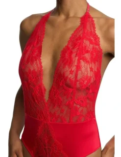 Natori Fleur Thong Cut Halter Lace Lingerie Bodysuit in Bonfire