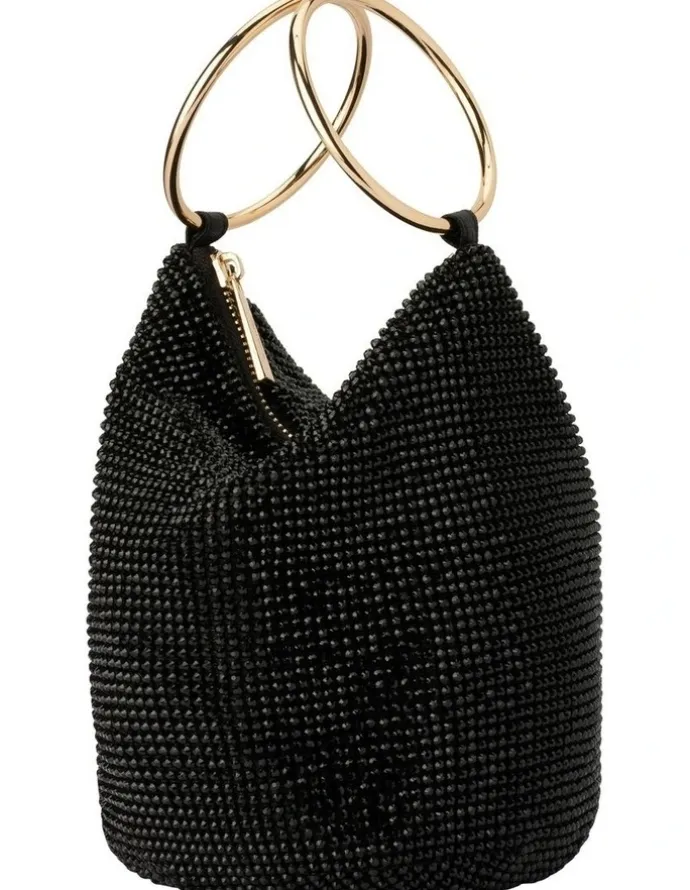 Olga Berg Ellie Crystal Mesh Top Handle Bag in Black