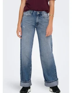 ONLY Ella Wide Fold Up Jeans in Mid Blue Denim