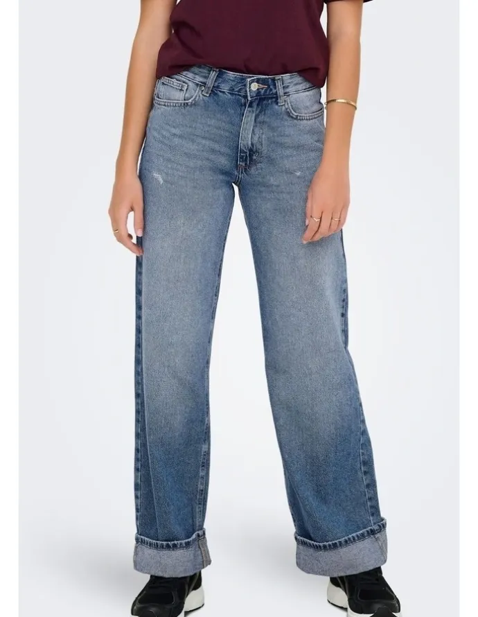 ONLY Ella Wide Fold Up Jeans in Mid Blue Denim