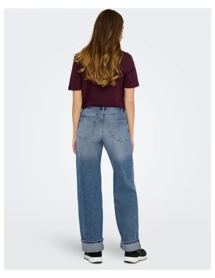 ONLY Ella Wide Fold Up Jeans in Mid Blue Denim