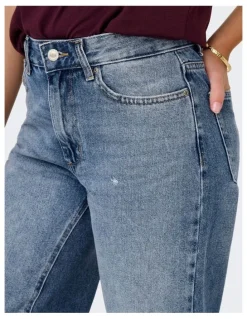 ONLY Ella Wide Fold Up Jeans in Mid Blue Denim