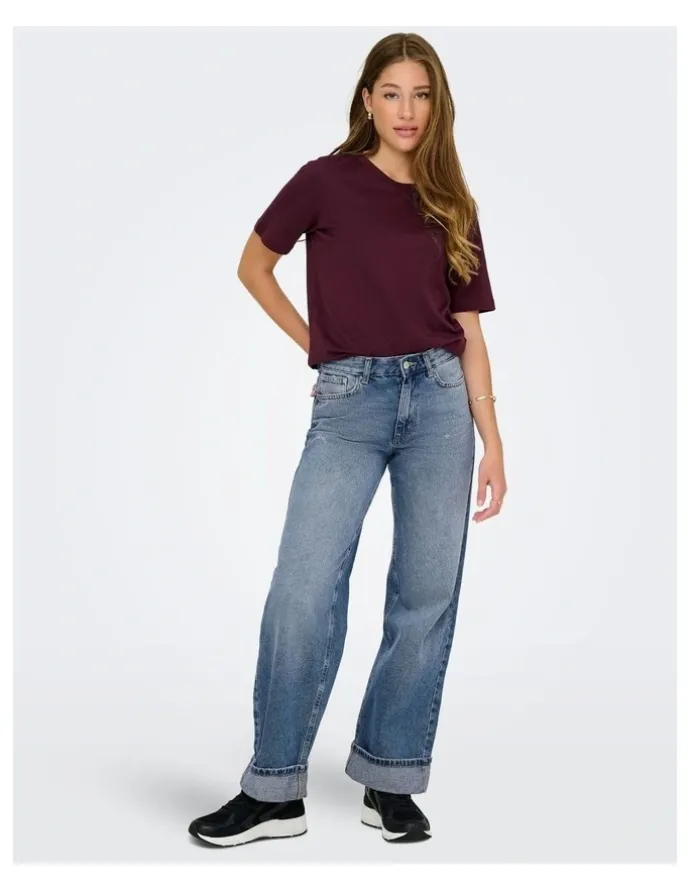 ONLY Ella Wide Fold Up Jeans in Mid Blue Denim