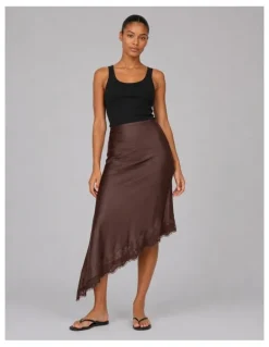 ONLY Faraya Satin Lace Skirt in Brown